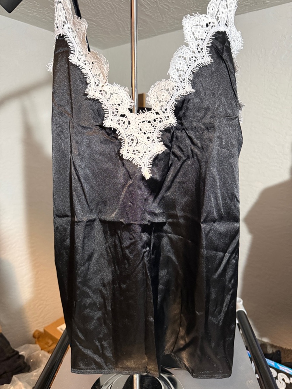 Black Satin Chemise with White Lace Trim - Unbranded